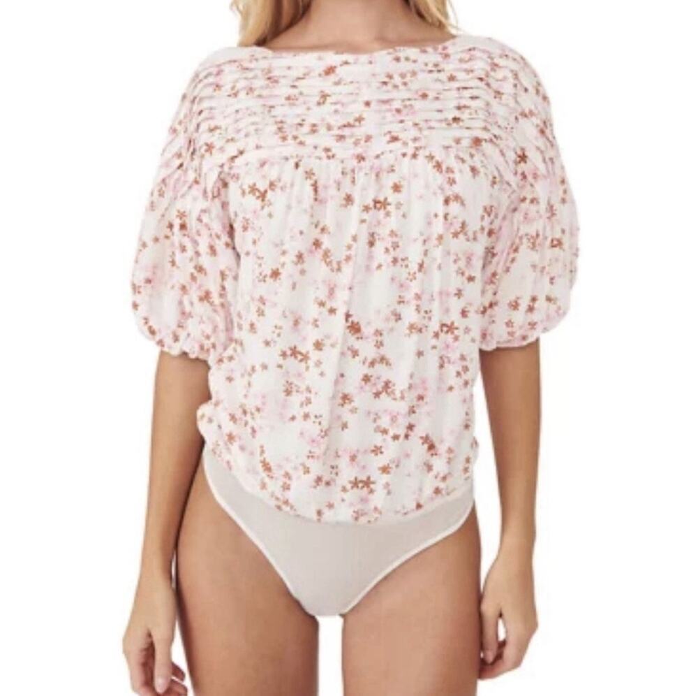 Free People Dessa Ivory Combo Thong Bodysuit Small Floral Print Boho Coquette